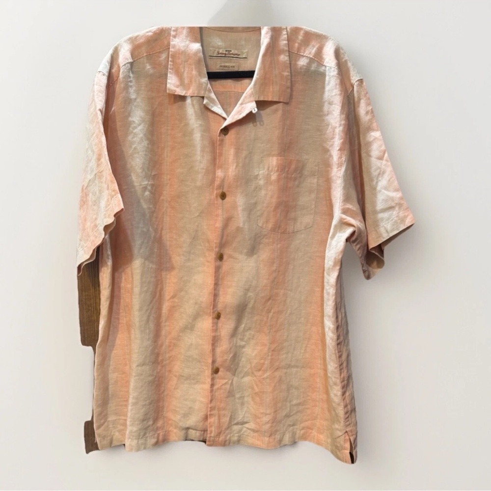 Tommy Bahama Men’s XL 100% Linen Beige/Coral Shirt Button casual Vacation